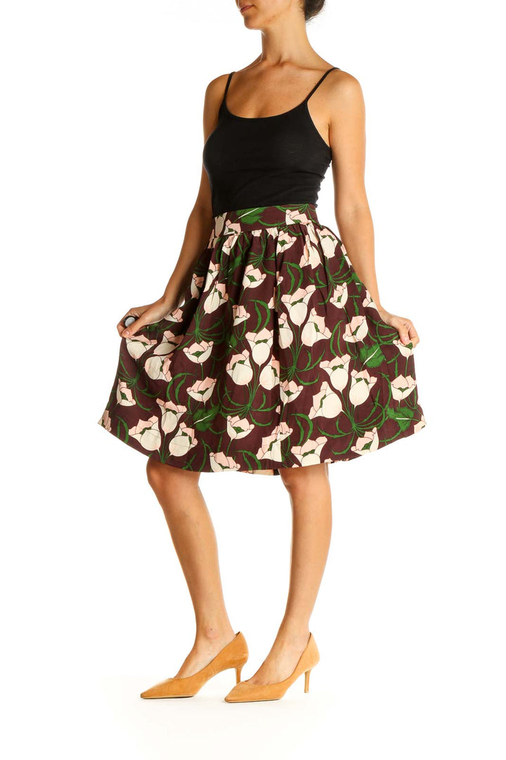 Brown Silk Floral Print Chic A-Line Skirt