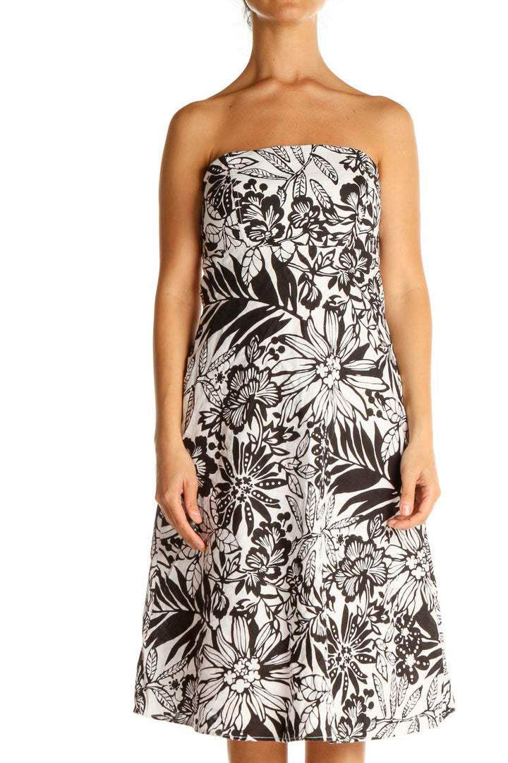 White Tropical Print Strapless Fit & Flare Dress