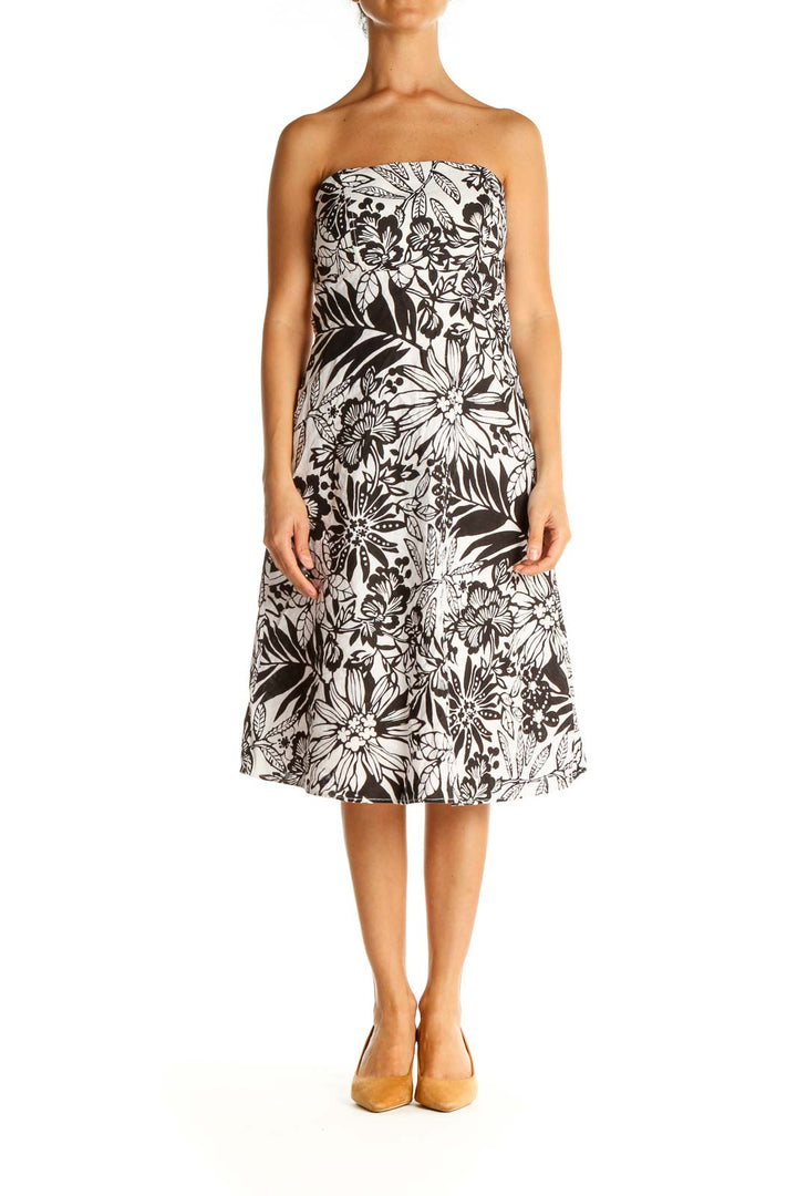 White Tropical Print Strapless Fit & Flare Dress