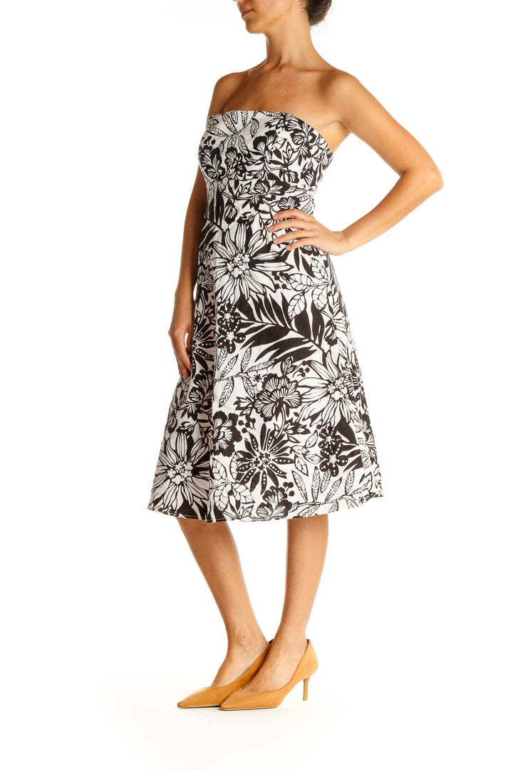 White Tropical Print Strapless Fit & Flare Dress