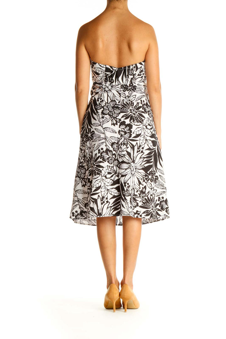 White Tropical Print Strapless Fit & Flare Dress