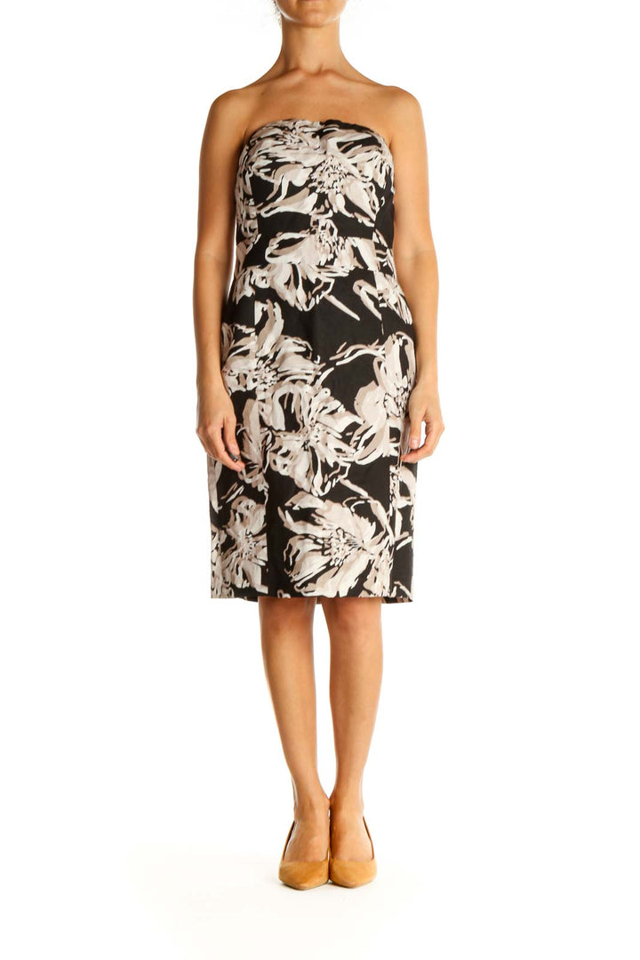 Black Beige Strapless Printed Sheath Dress