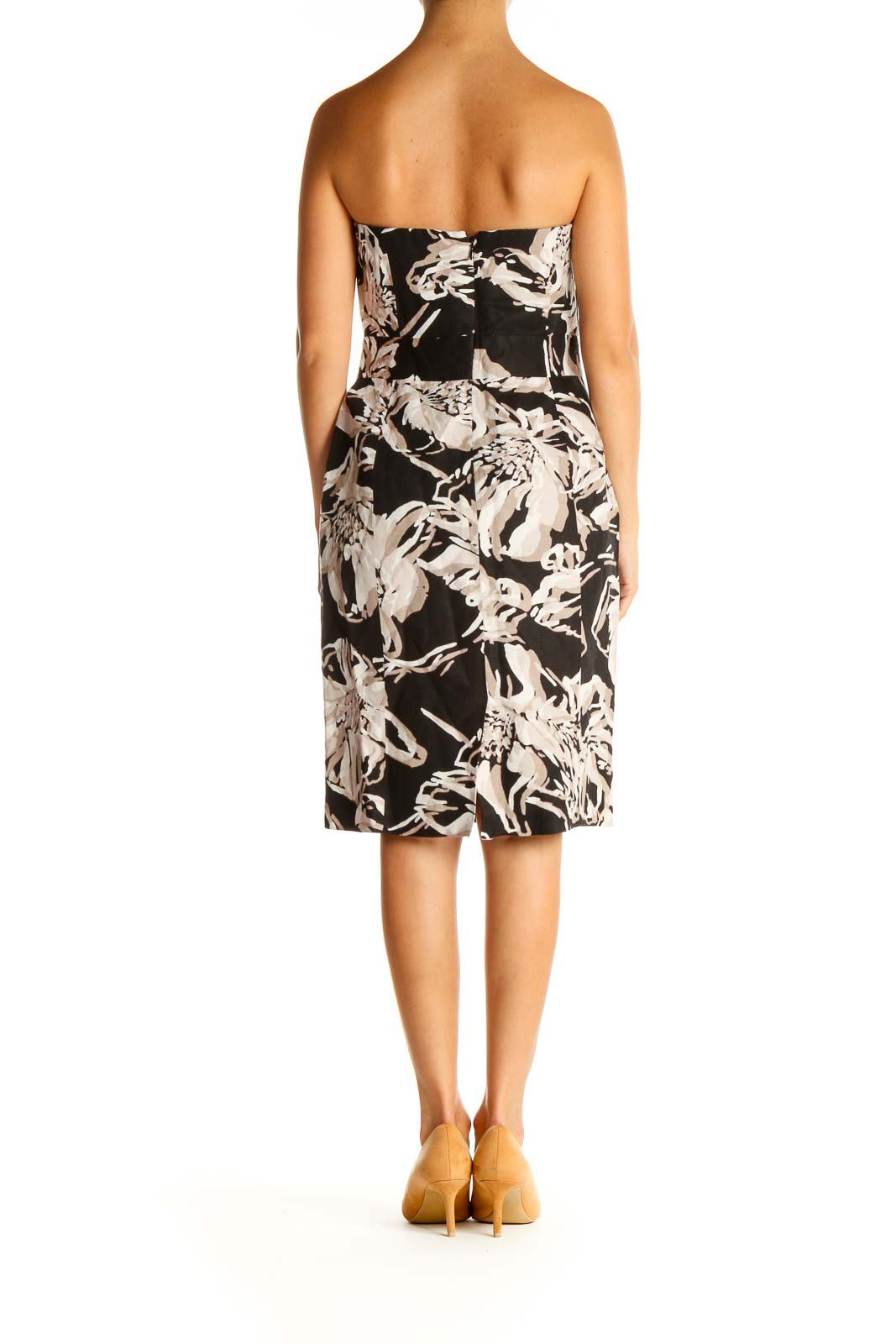 Black Beige Strapless Printed Sheath Dress