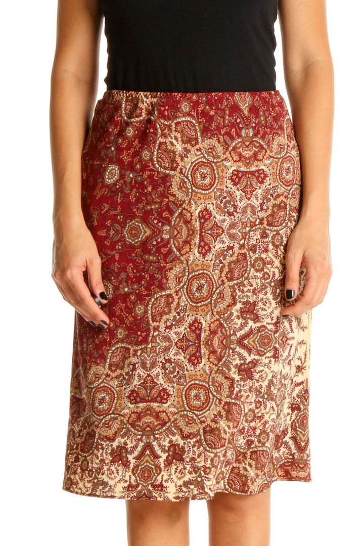 Red Paisley Bohemian Silk Pencil Skirt