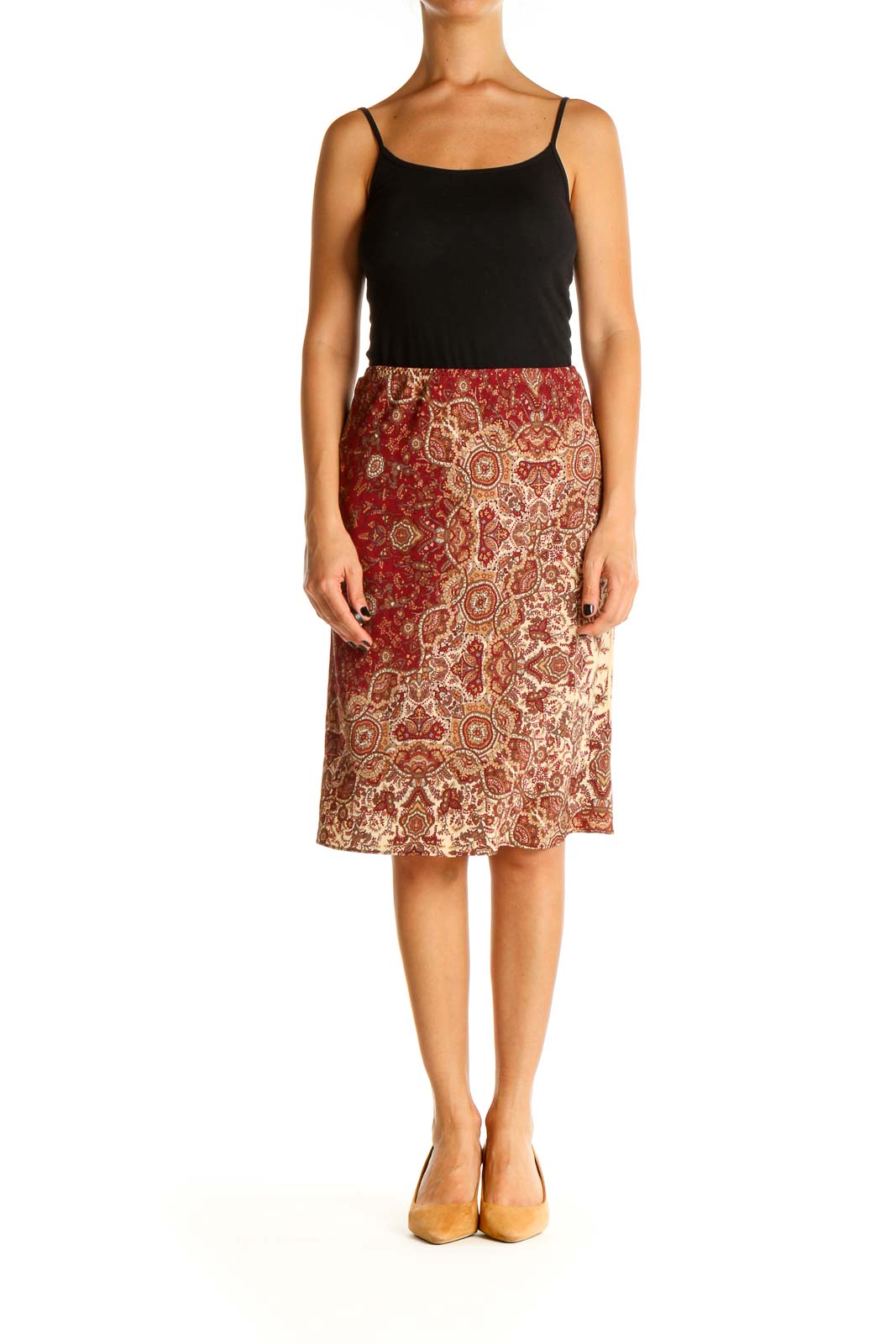 Red Paisley Bohemian Silk Pencil Skirt