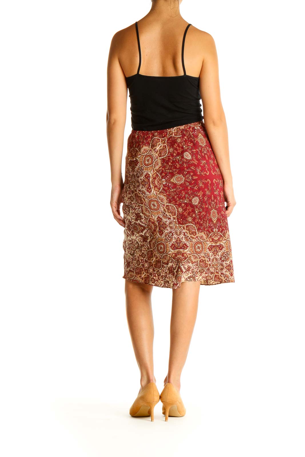 Red Paisley Bohemian Silk Pencil Skirt