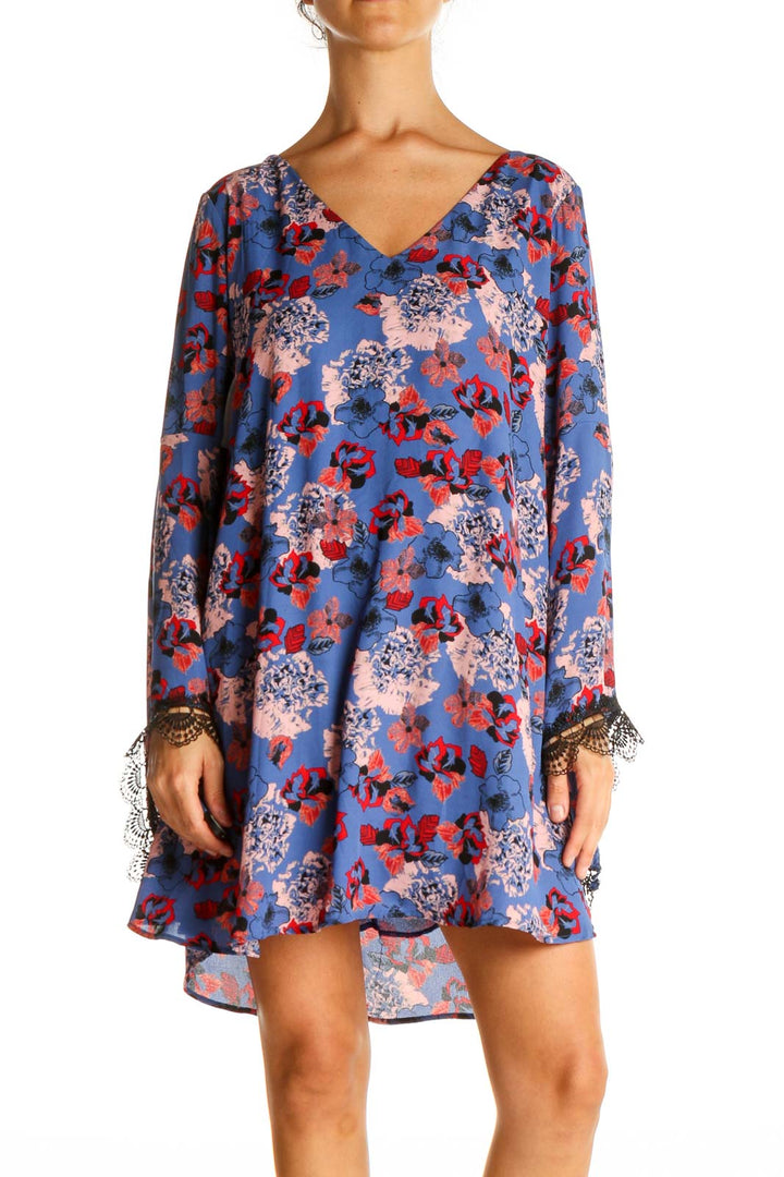 Blue Floral Print Bohemian Shift Dress