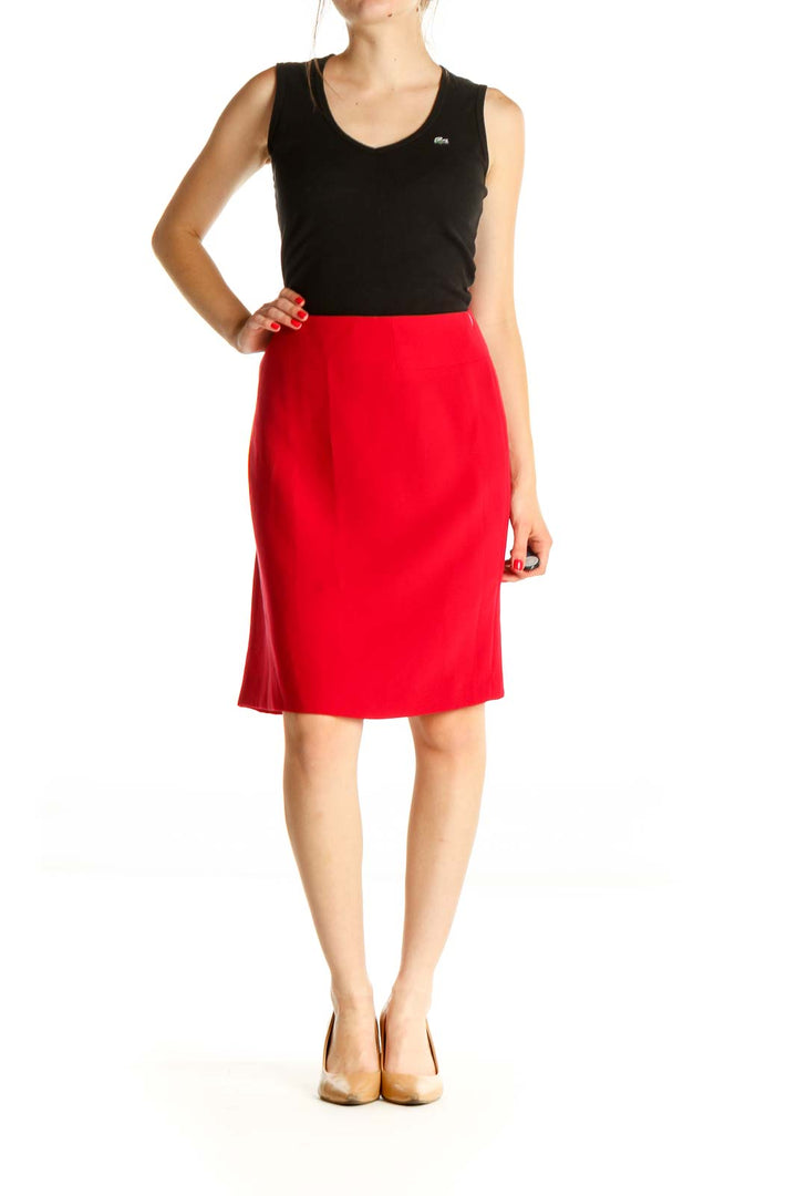 Red Solid Retro Pencil Skirt