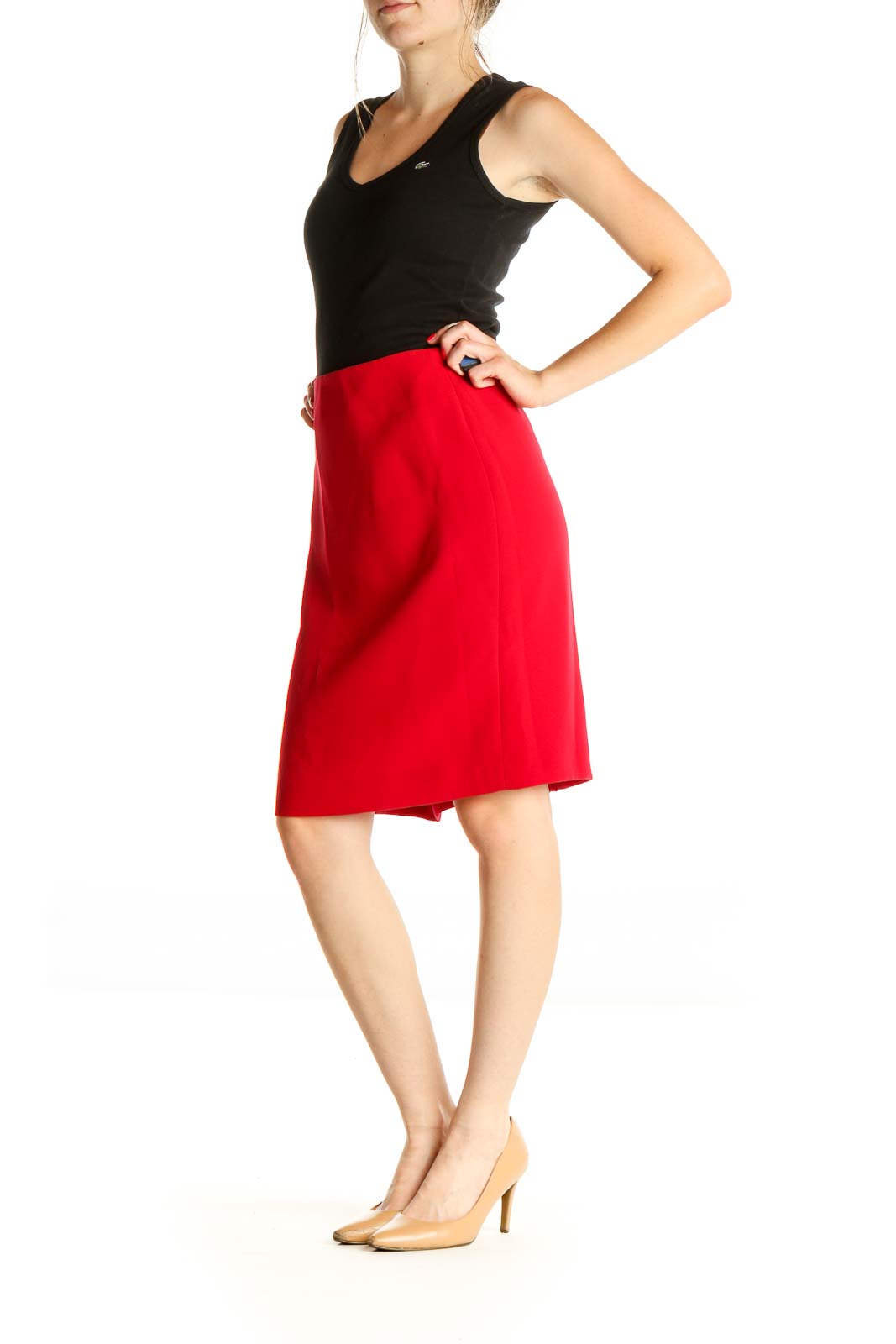 Red Solid Retro Pencil Skirt