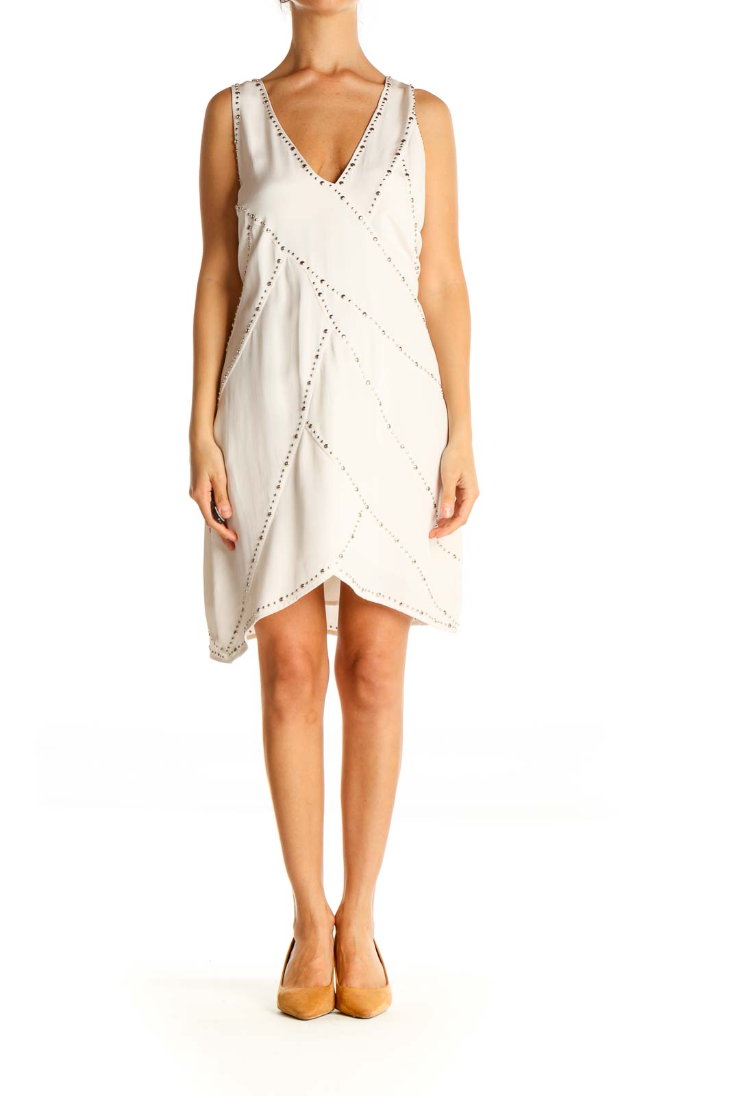 Beige Textured Holiday A-Line Dress