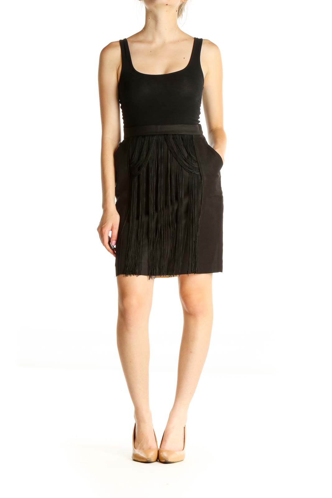 Black Solid Retro Fringe Pencil Skirt