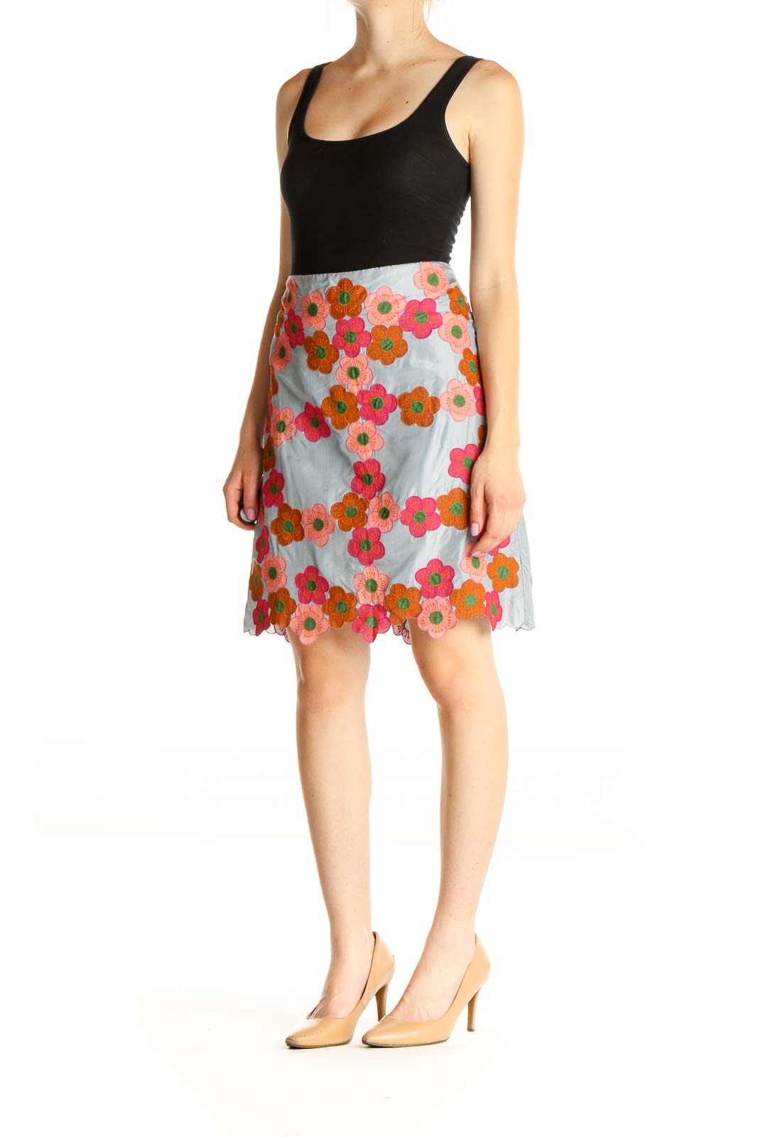 Blue Floral Print Holiday A-Line Skirt