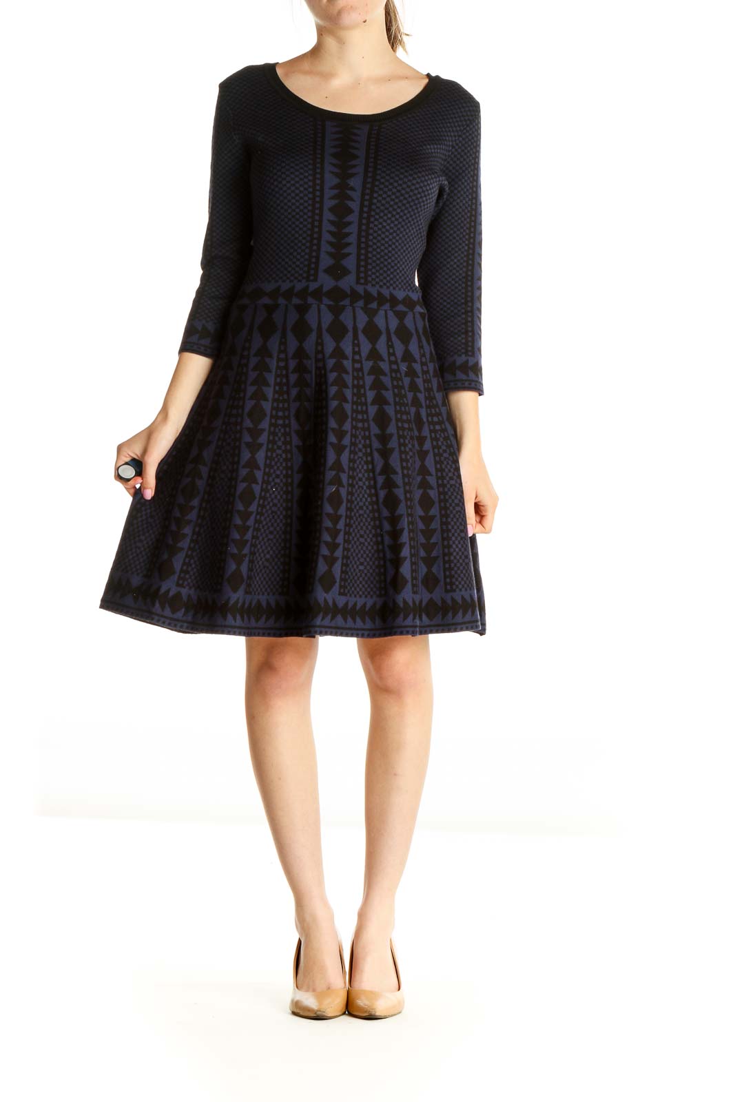 Blue Textured Classic Fit & Flare Dress