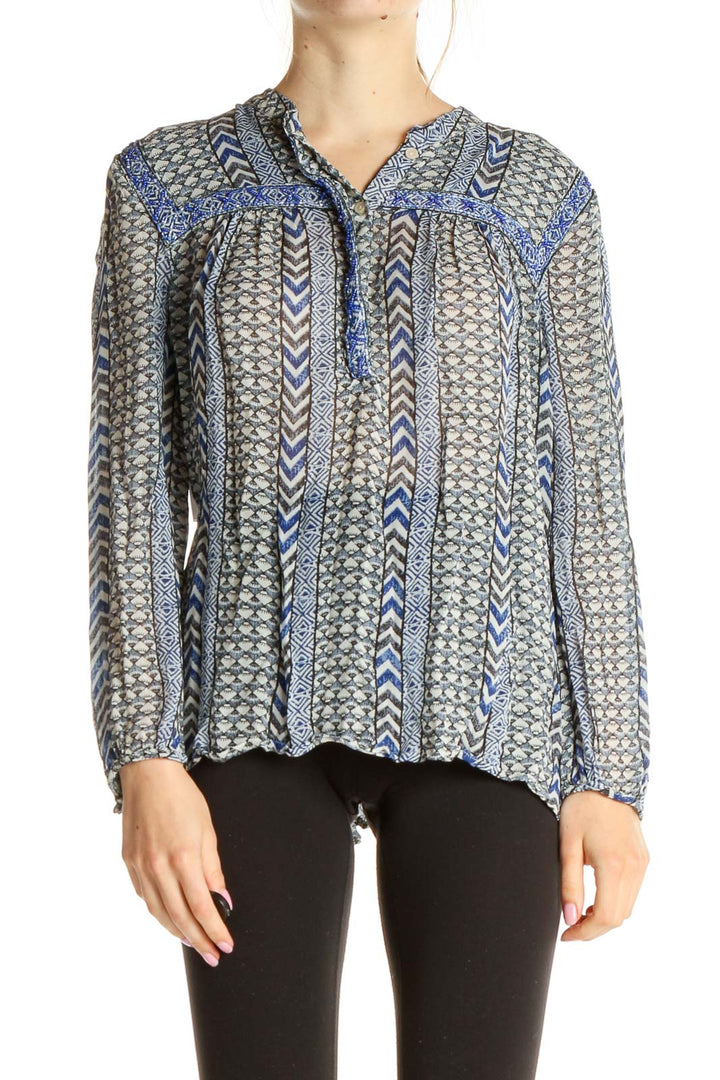 Gray Geometric Print Bohemian Blouse