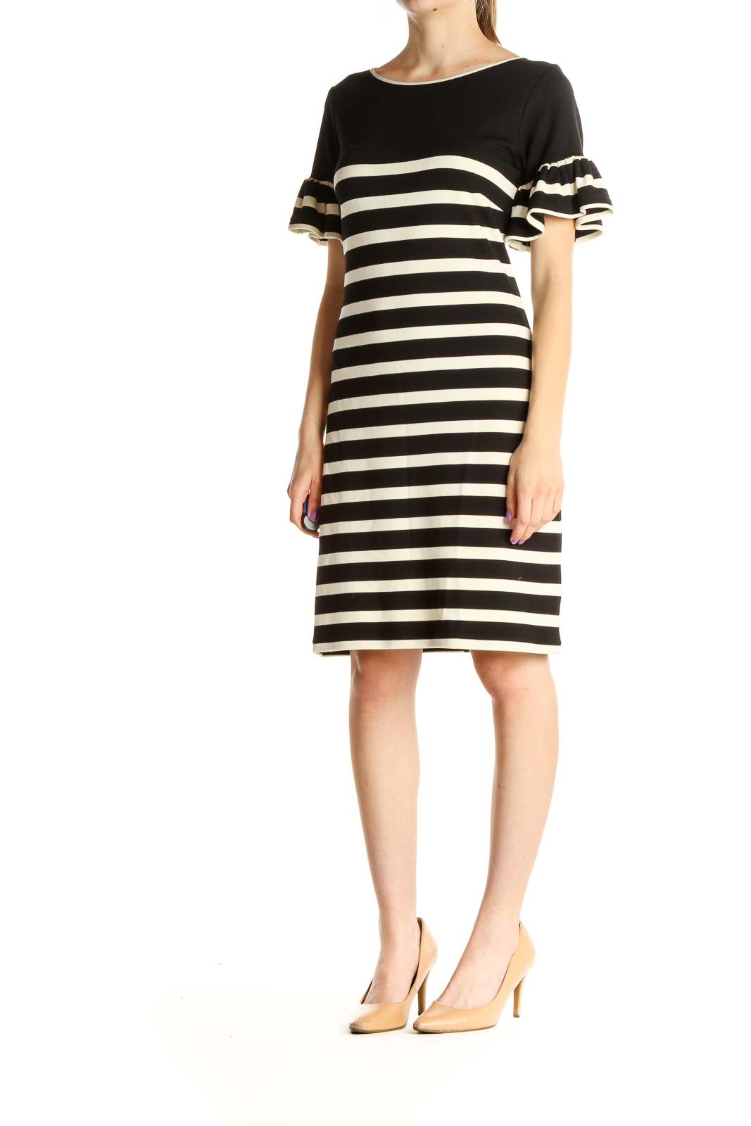 Beige Striped Day Sheath Dress