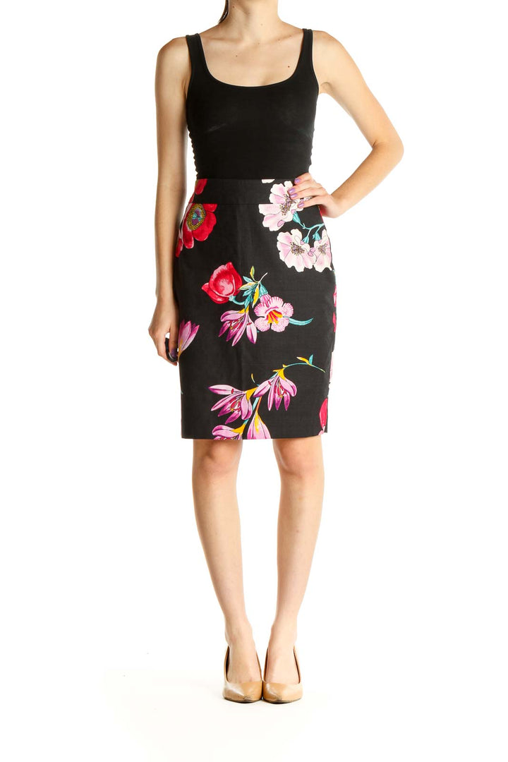 Black Floral Print Chic Pencil Skirt