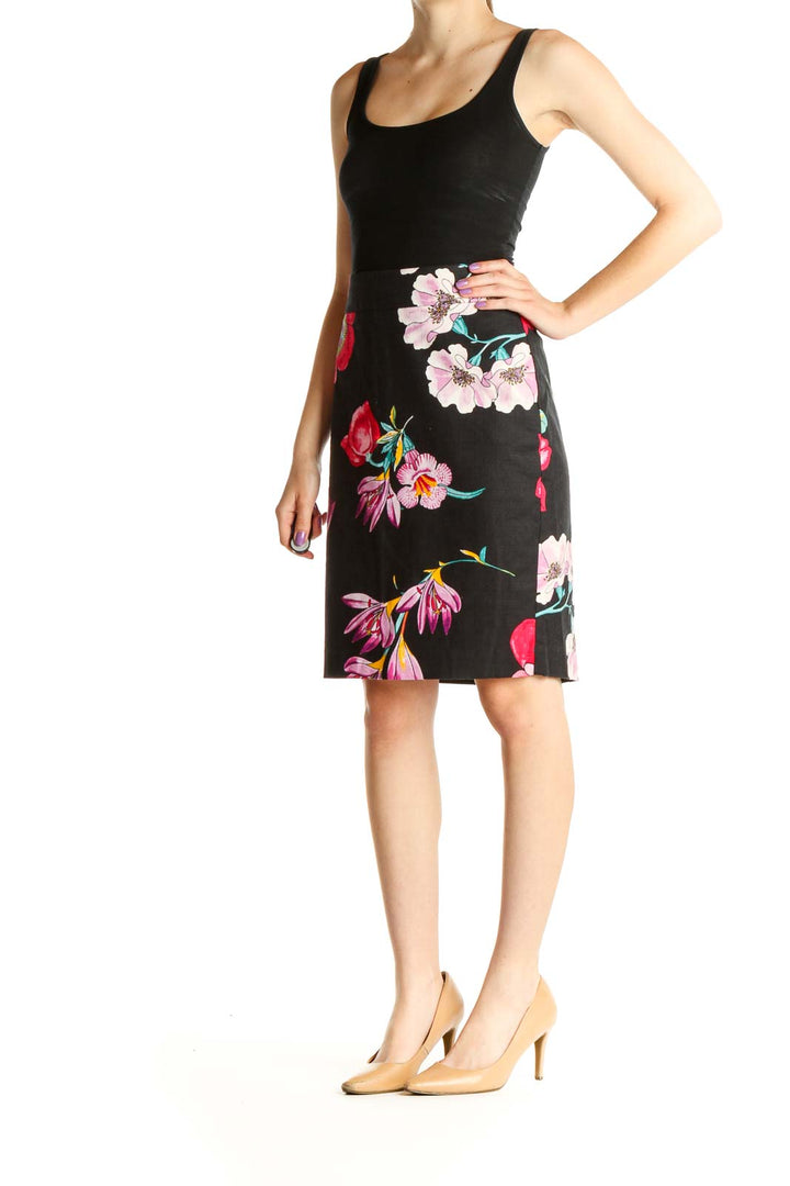 Black Floral Print Chic Pencil Skirt