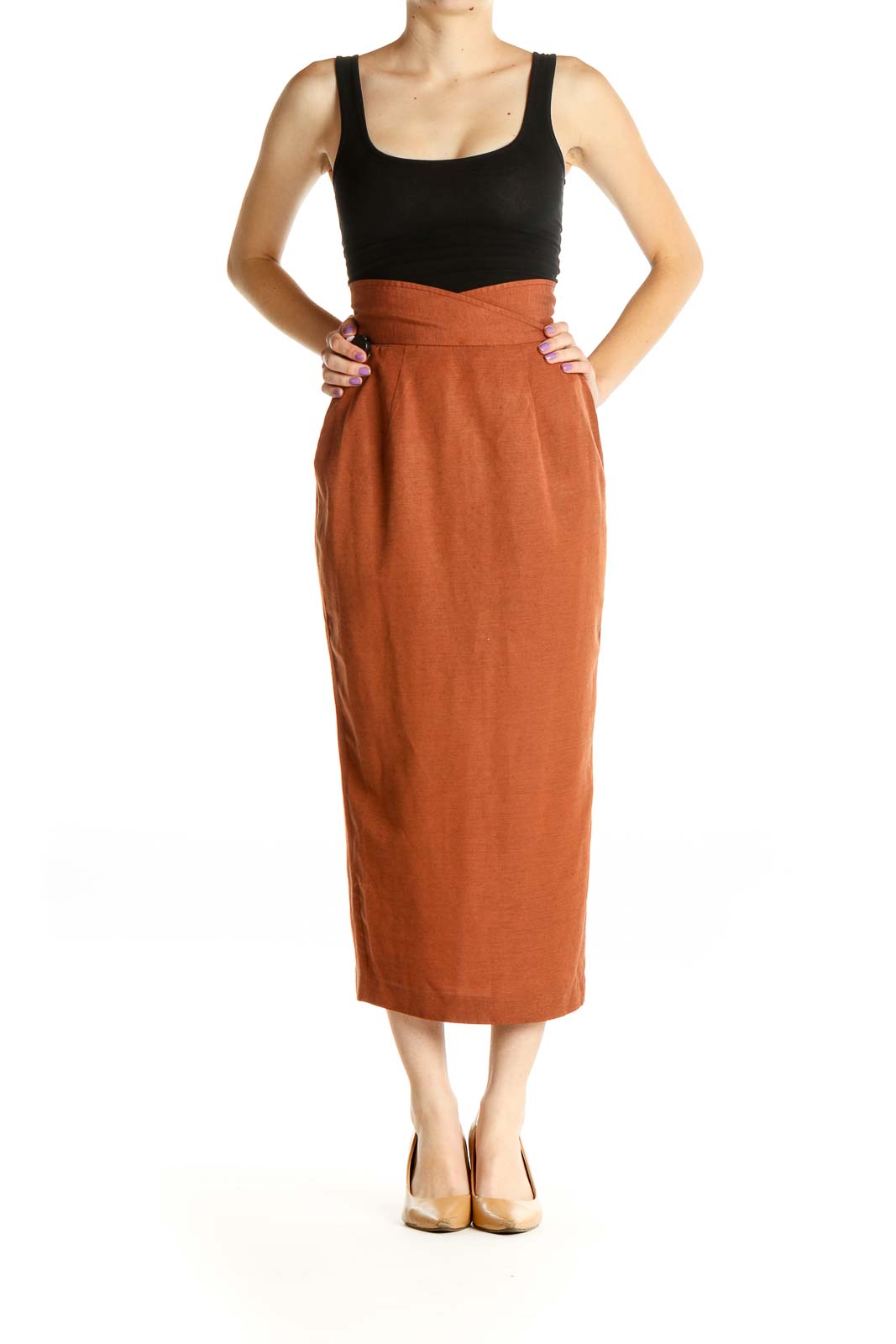 Orange Solid Classic Pencil Skirt