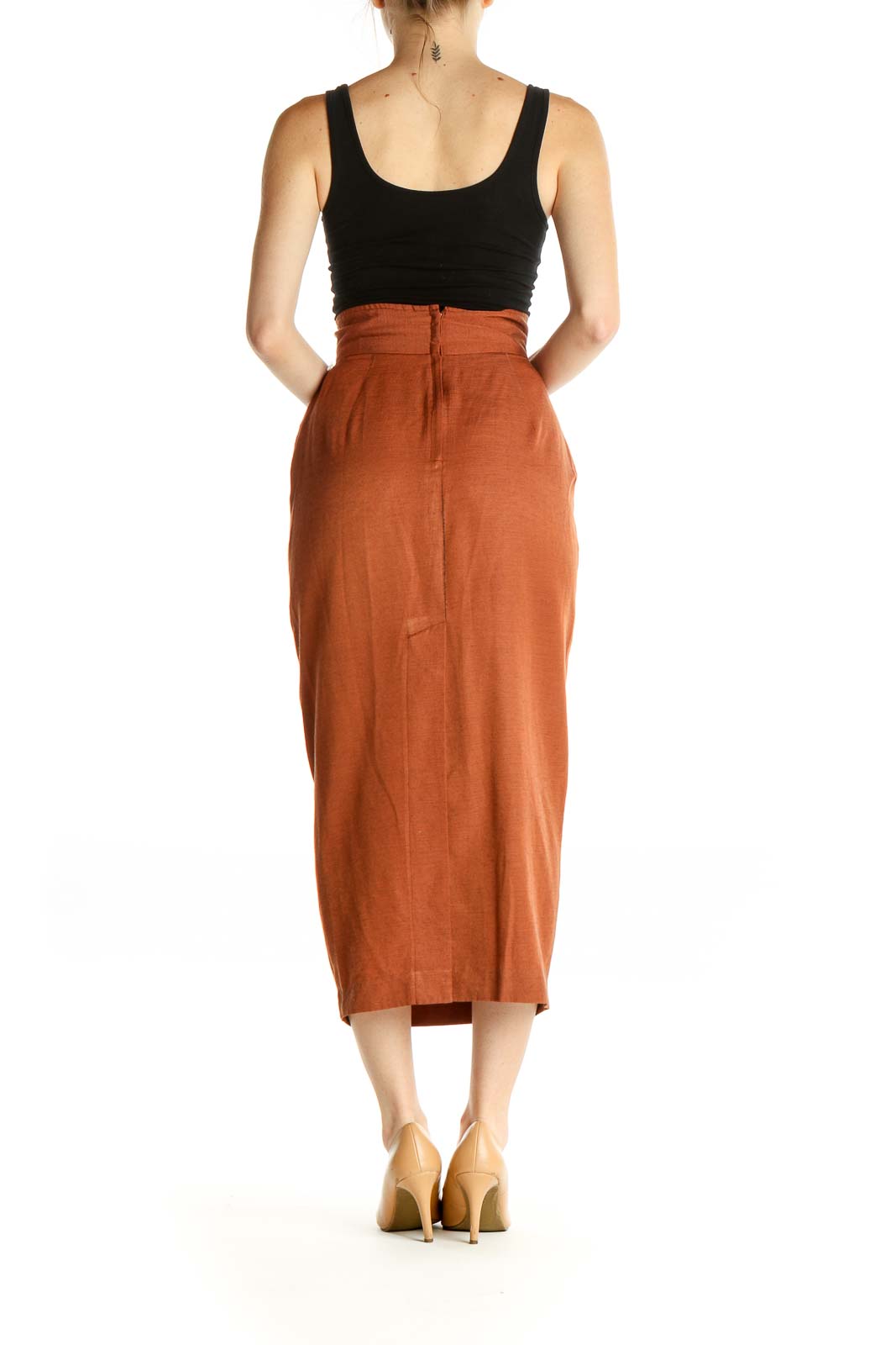 Orange Solid Classic Pencil Skirt