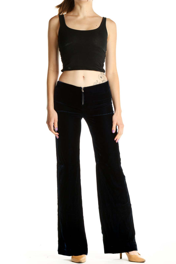 Blue Solid Classic Low-Waist Velour Trousers