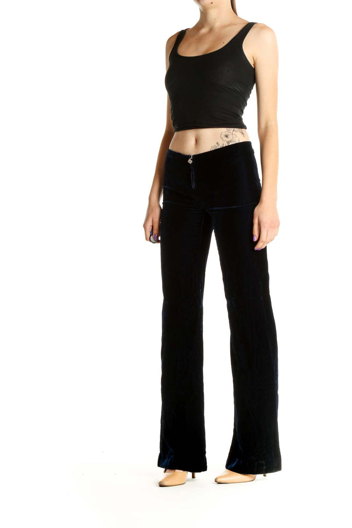 Blue Solid Classic Low-Waist Velour Trousers