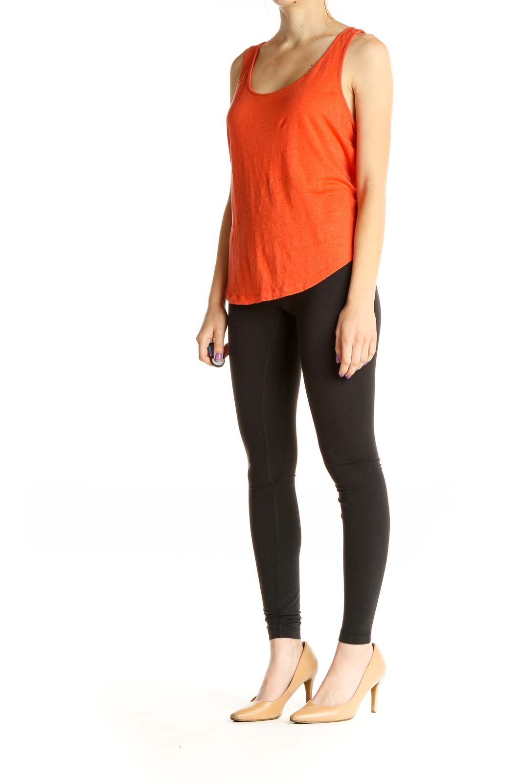 Orange Solid Casual Tank Top