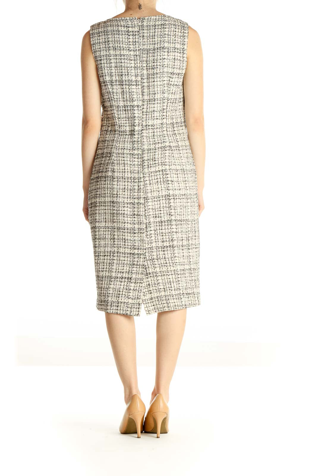 Beige Textured Classic Sheath Dress