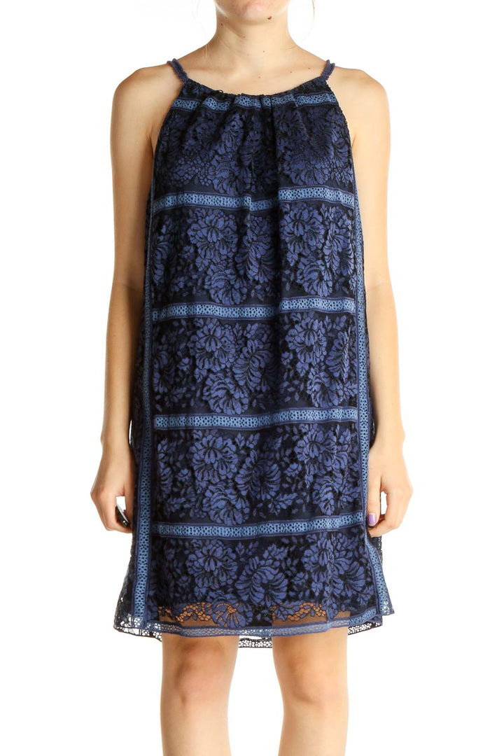 Blue Printed Holiday Shift Dress