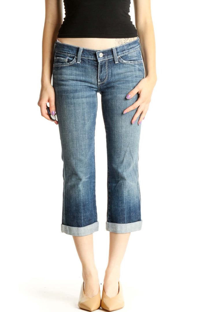 Blue Low Rise Straight Leg Cropped Jeans