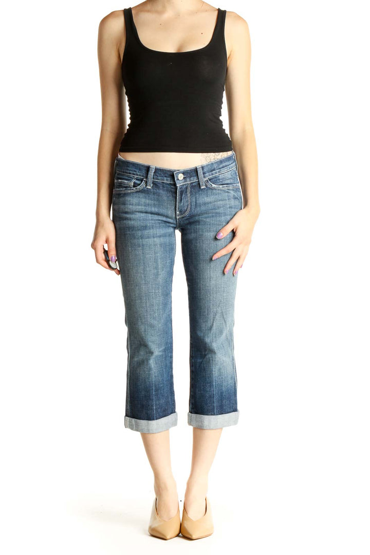 Blue Low Rise Straight Leg Cropped Jeans