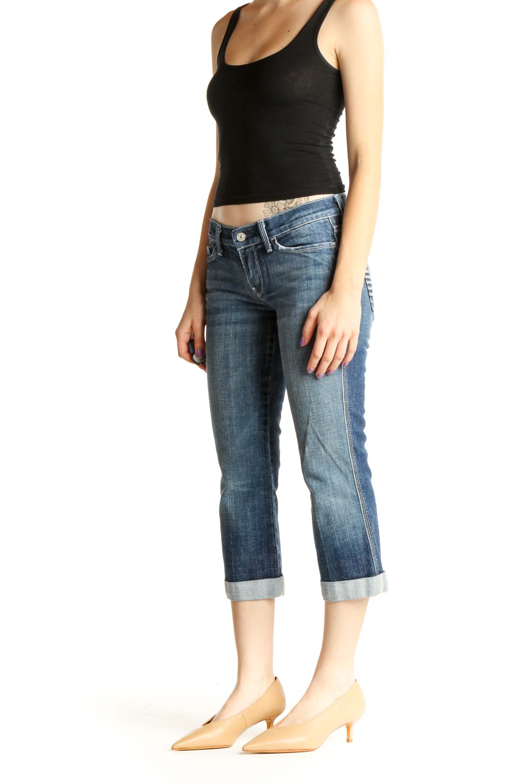 Blue Low Rise Straight Leg Cropped Jeans