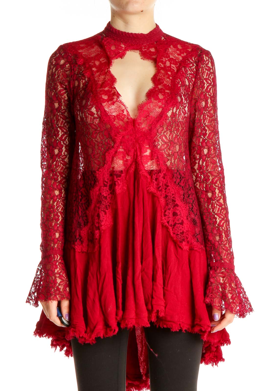 Front view of red lace bell sleeve tunic top from Free People