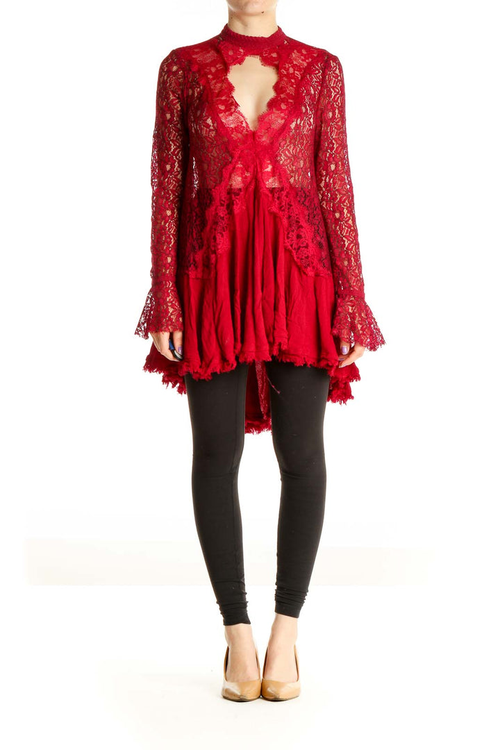 Front view of red lace bell sleeve tunic top from Free People