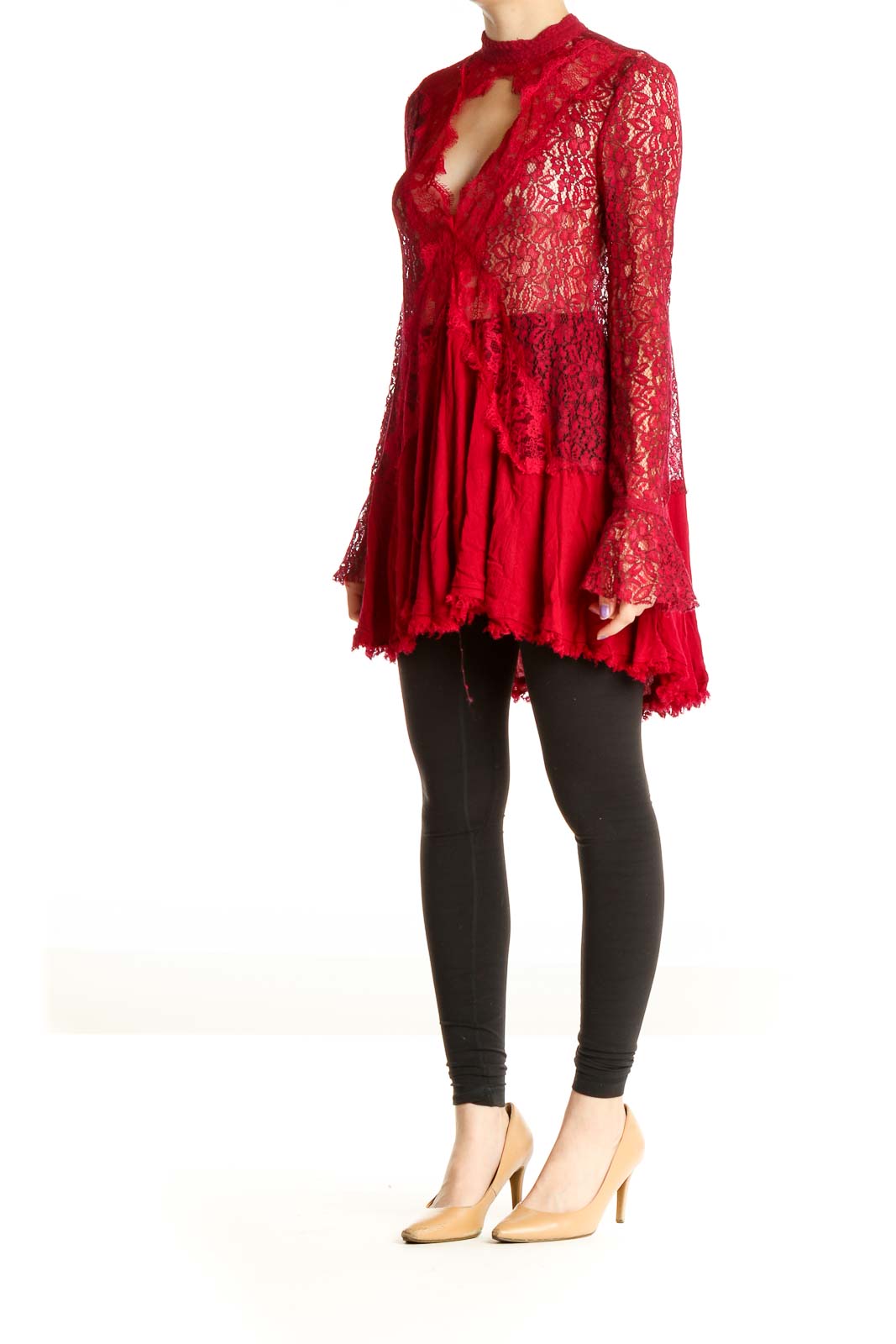 Front view of red lace bell sleeve tunic top from Free People