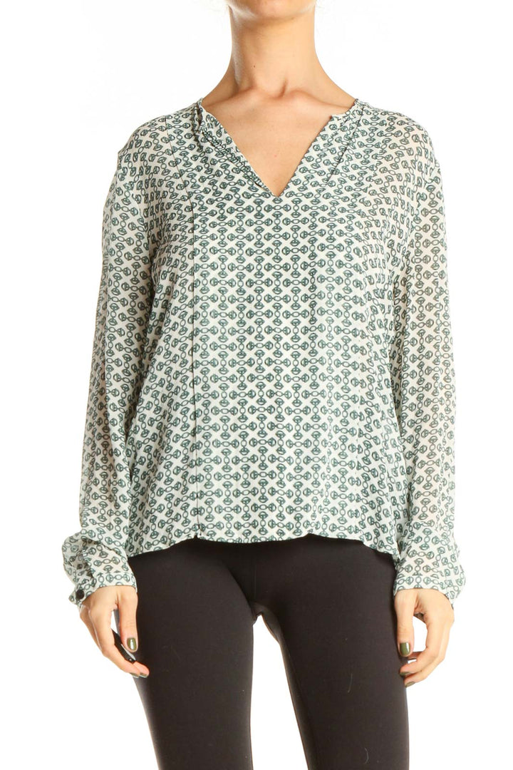 Green White Geometric Print Chic Blouse