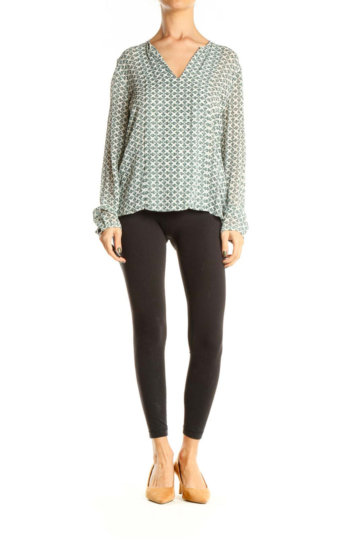 Green White Geometric Print Chic Blouse