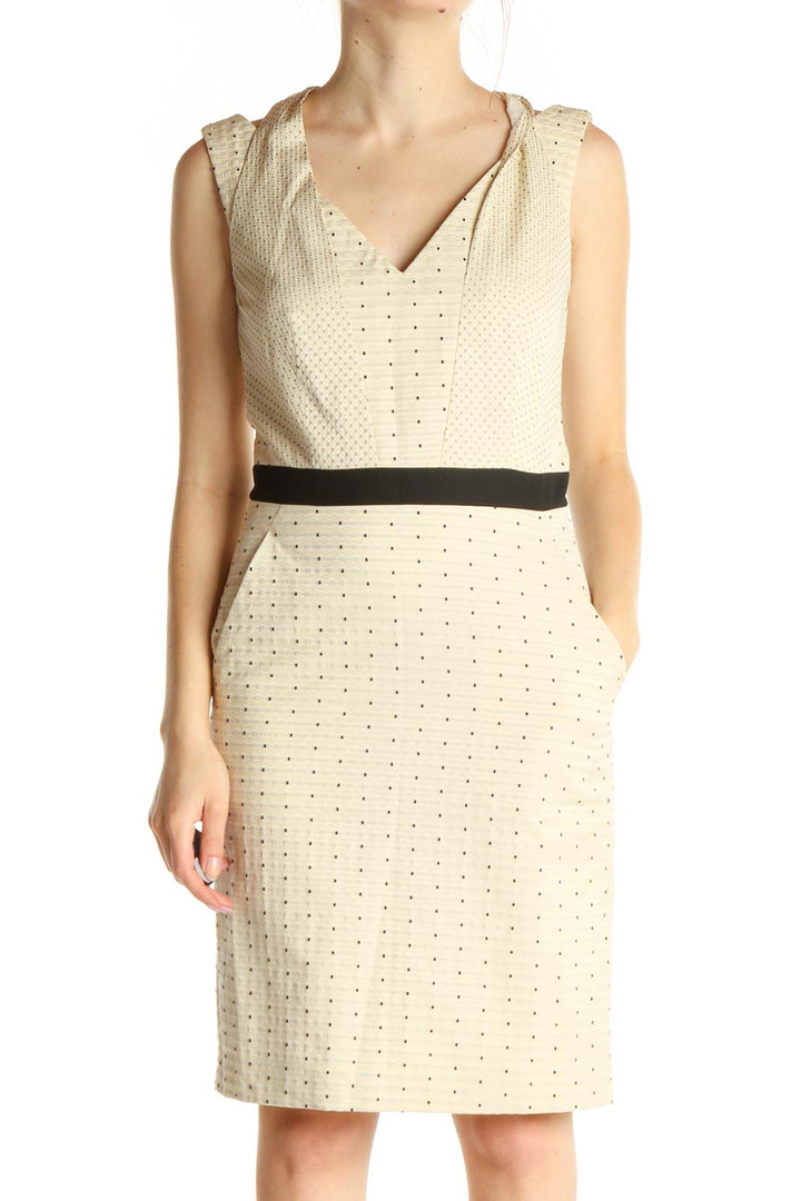 Beige Polka Dot Work Sheath Dress