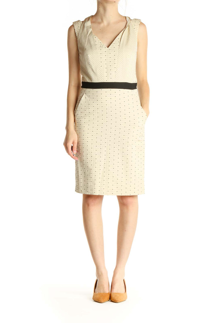 Beige Polka Dot Work Sheath Dress