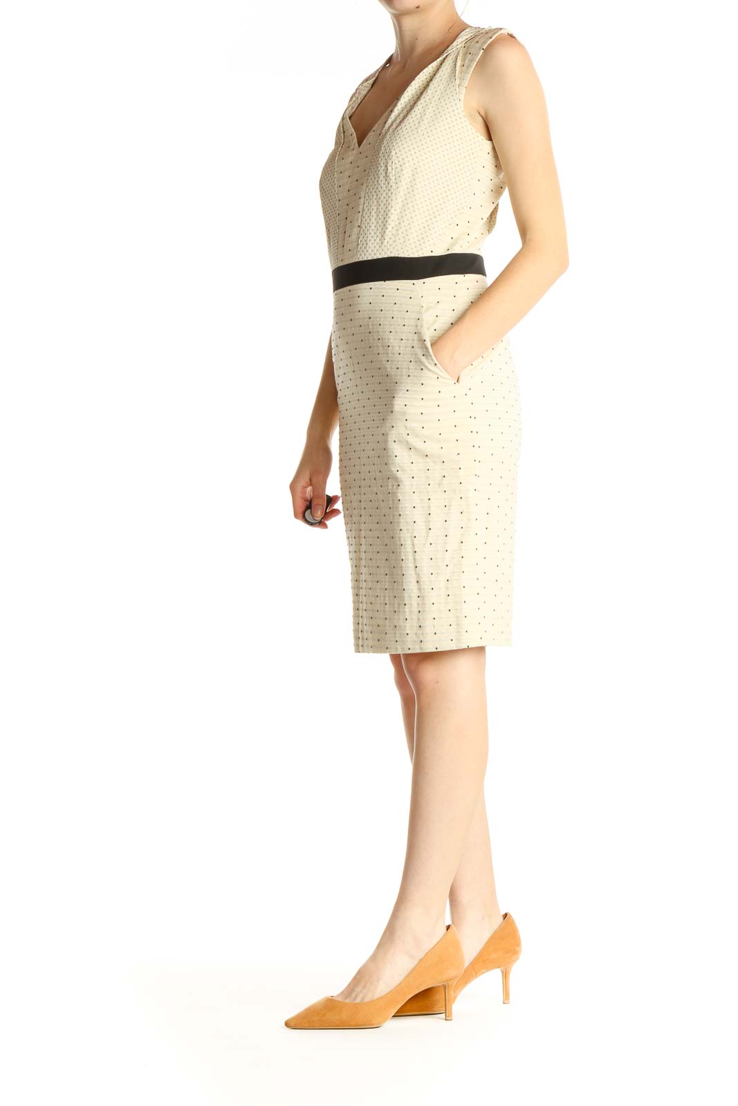 Beige Polka Dot Work Sheath Dress