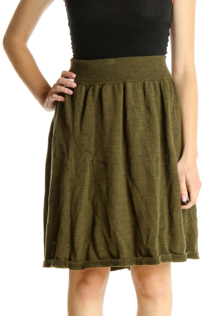 Green Solid Chic Flared Skirt