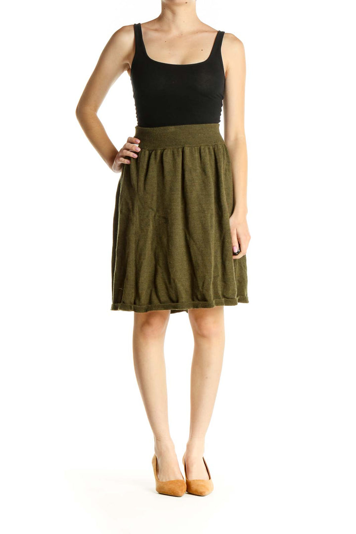 Green Solid Chic Flared Skirt