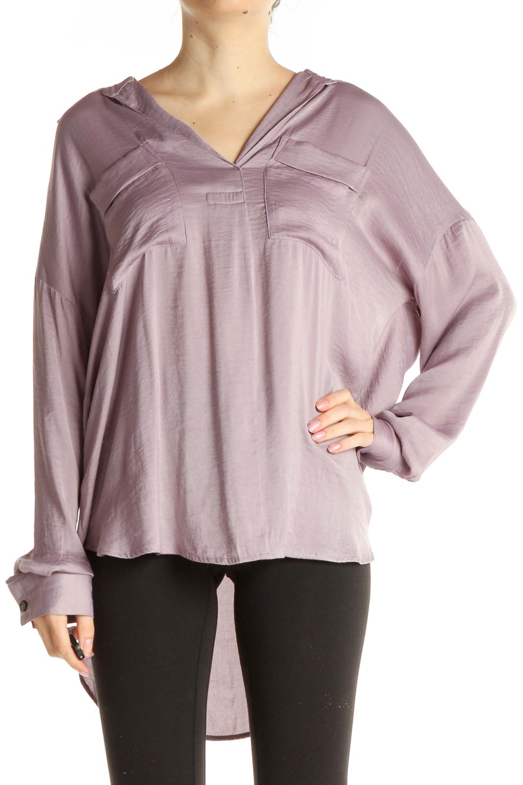 Front view of lavender Free People flowy V-neck blouse