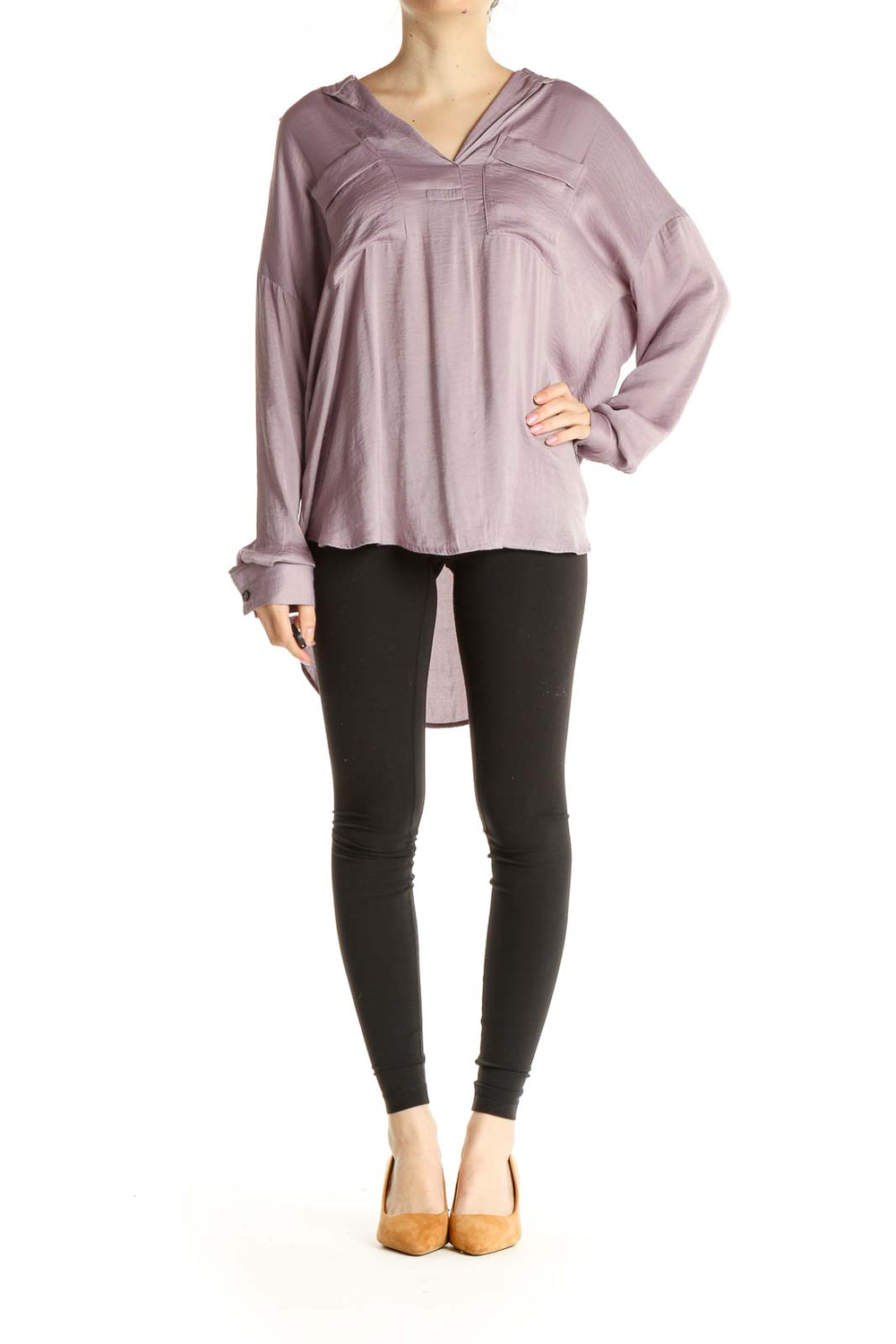 Front view of lavender Free People flowy V-neck blouse