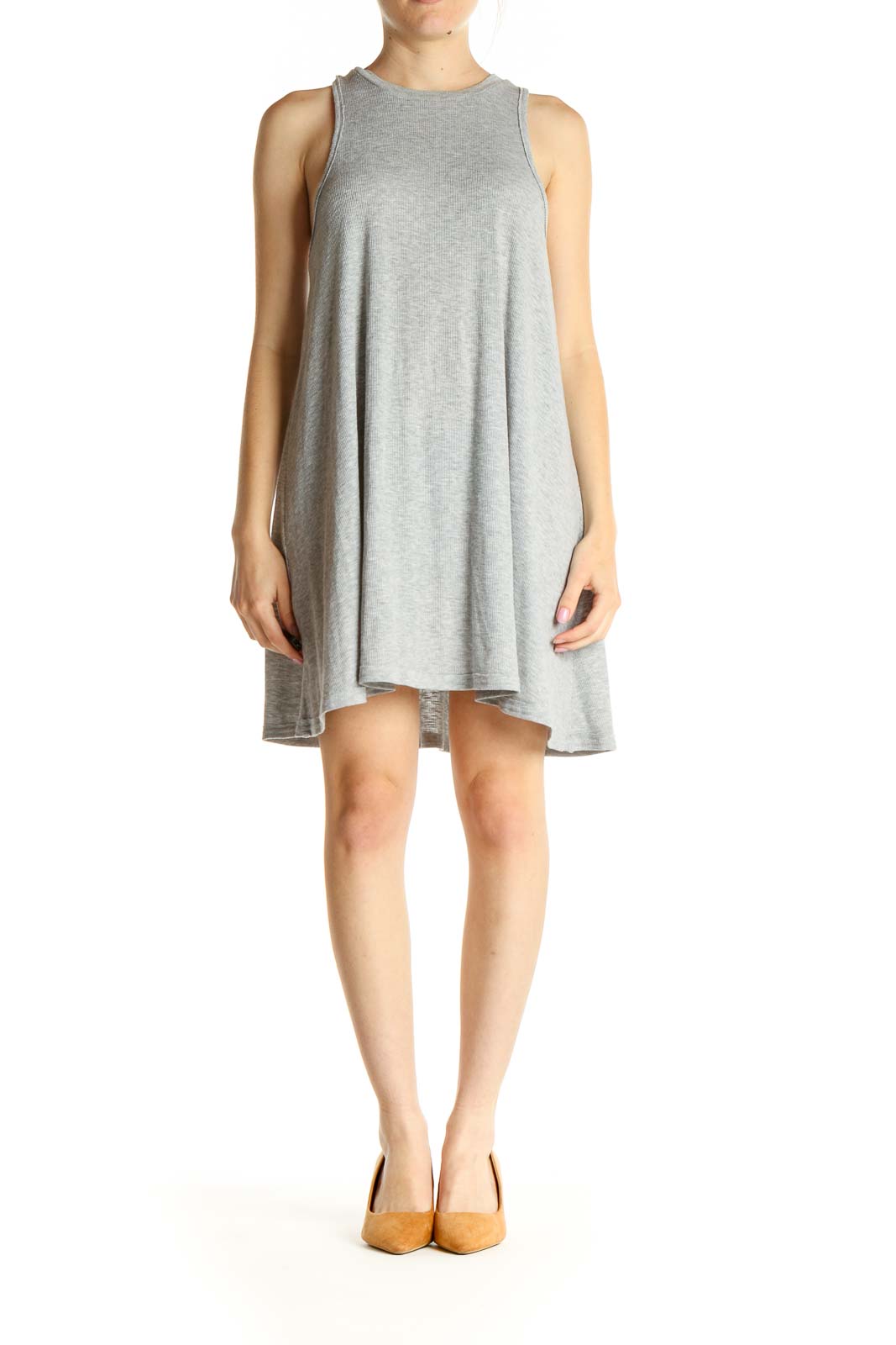 Gray Solid Ribbed Day Dress