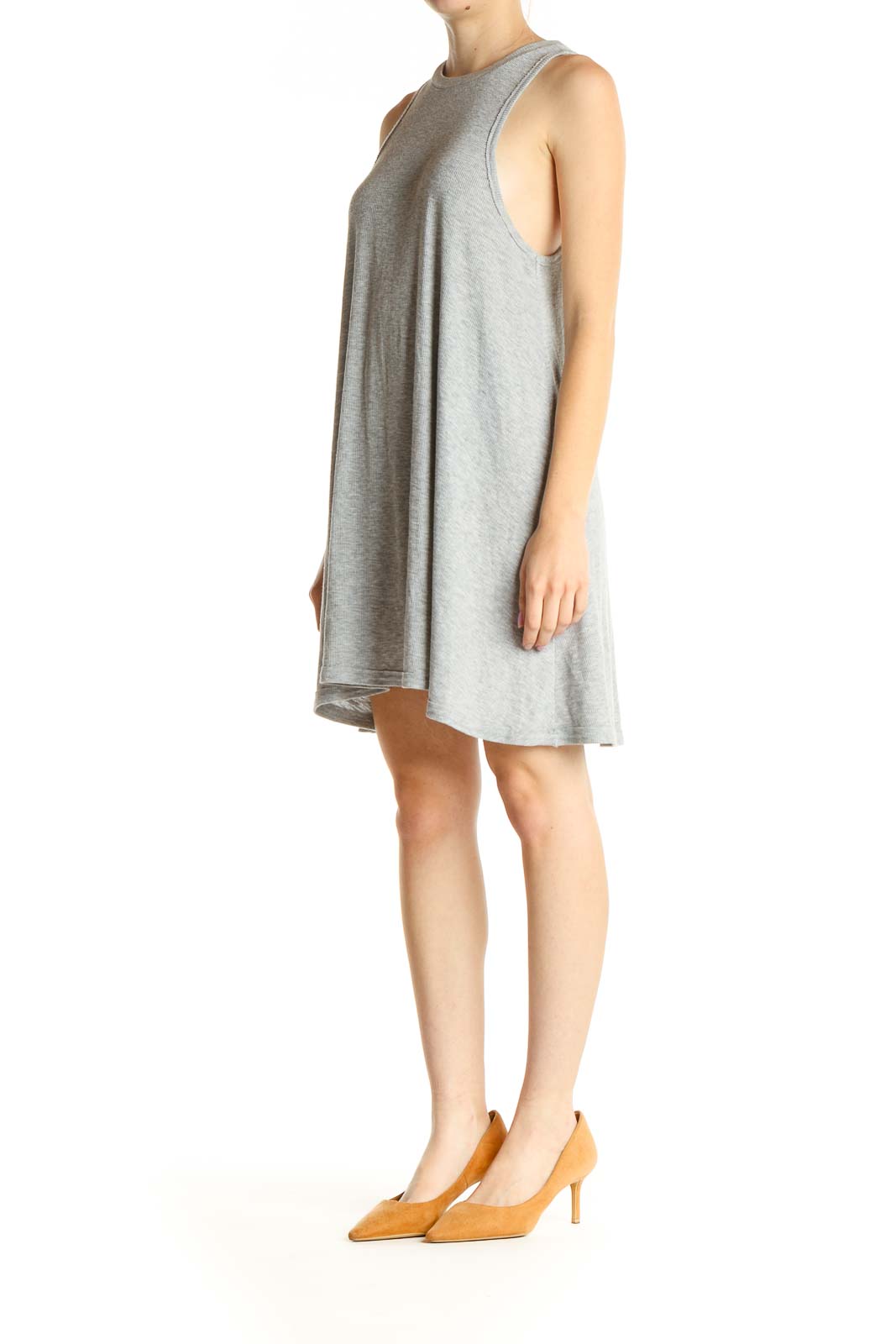 Gray Solid Ribbed Day Dress