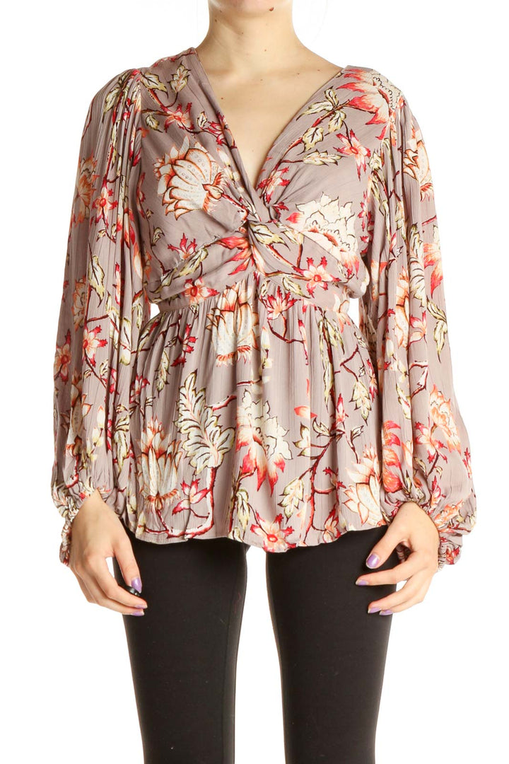 Beige Floral Print All Day Wear Blouse