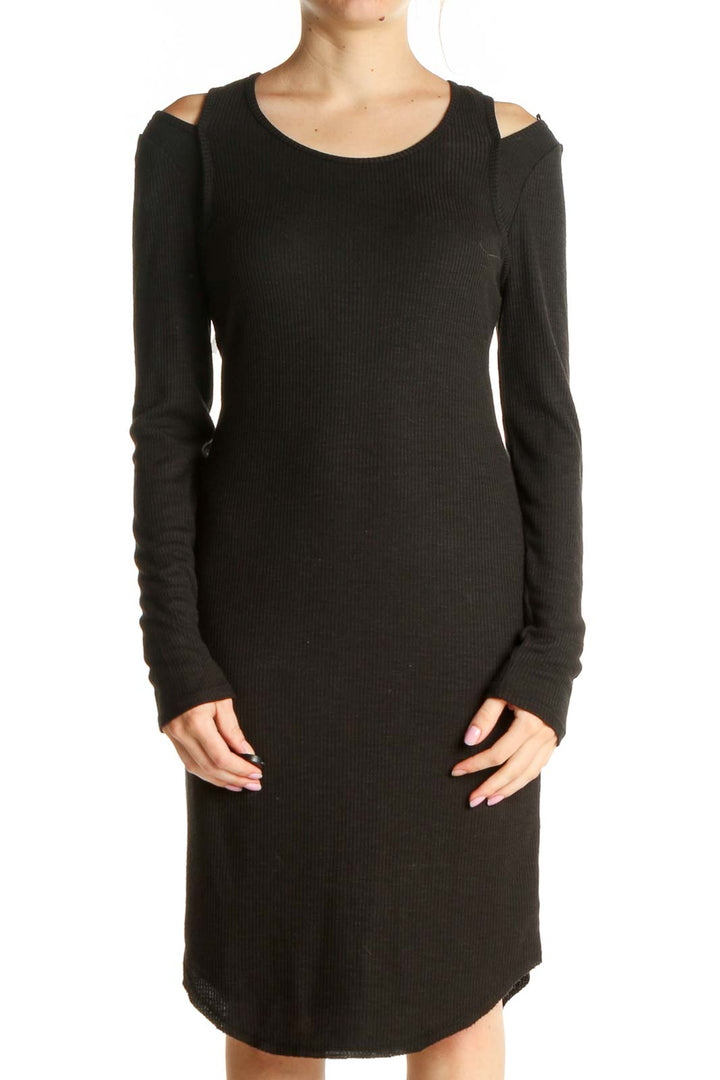 Black Solid Exposed Shoulder Ribbed Sheath Dress