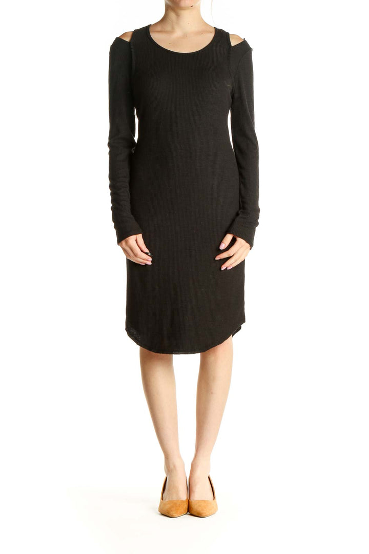 Black Solid Exposed Shoulder Ribbed Sheath Dress