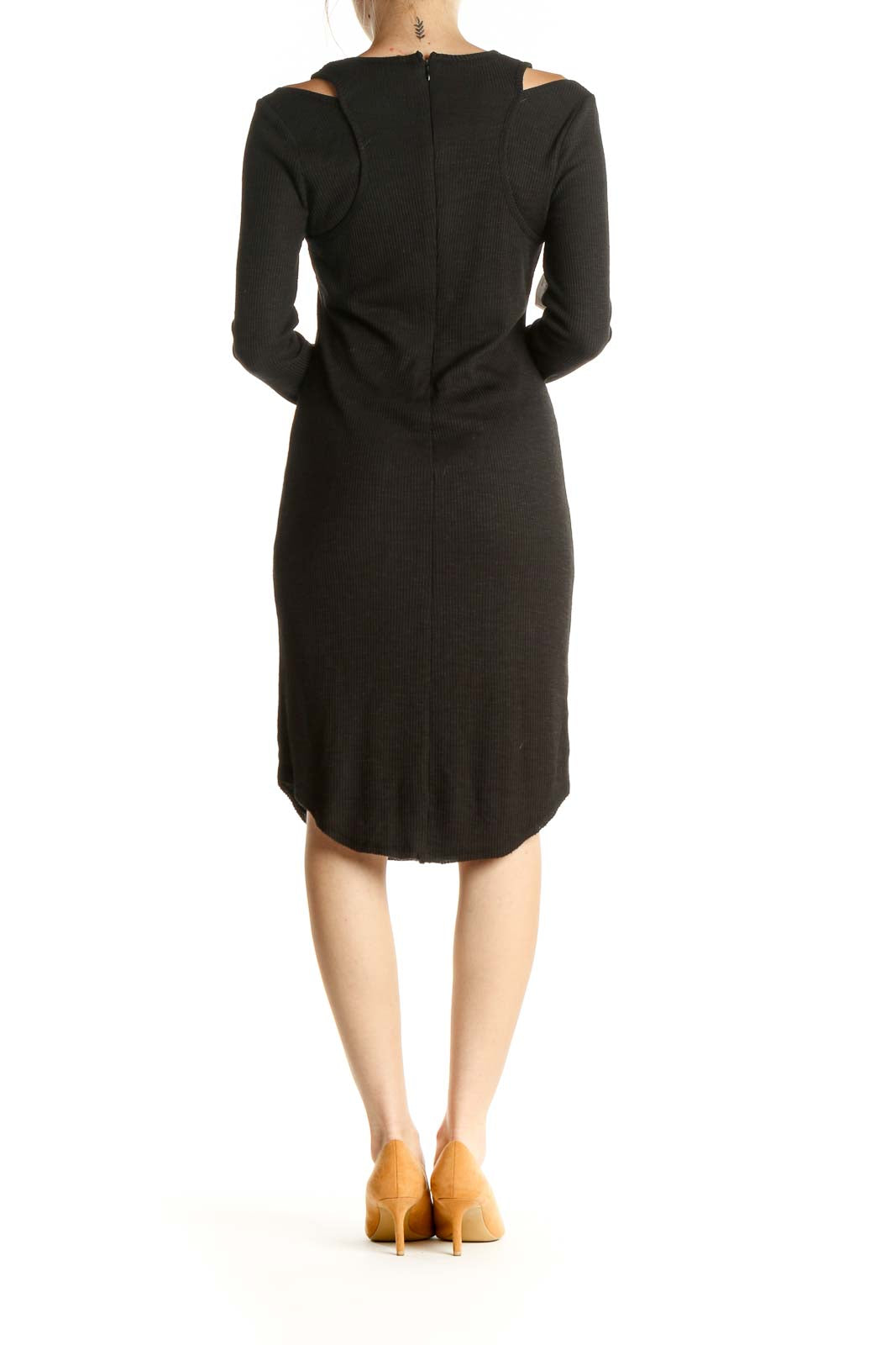 Black Solid Exposed Shoulder Ribbed Sheath Dress