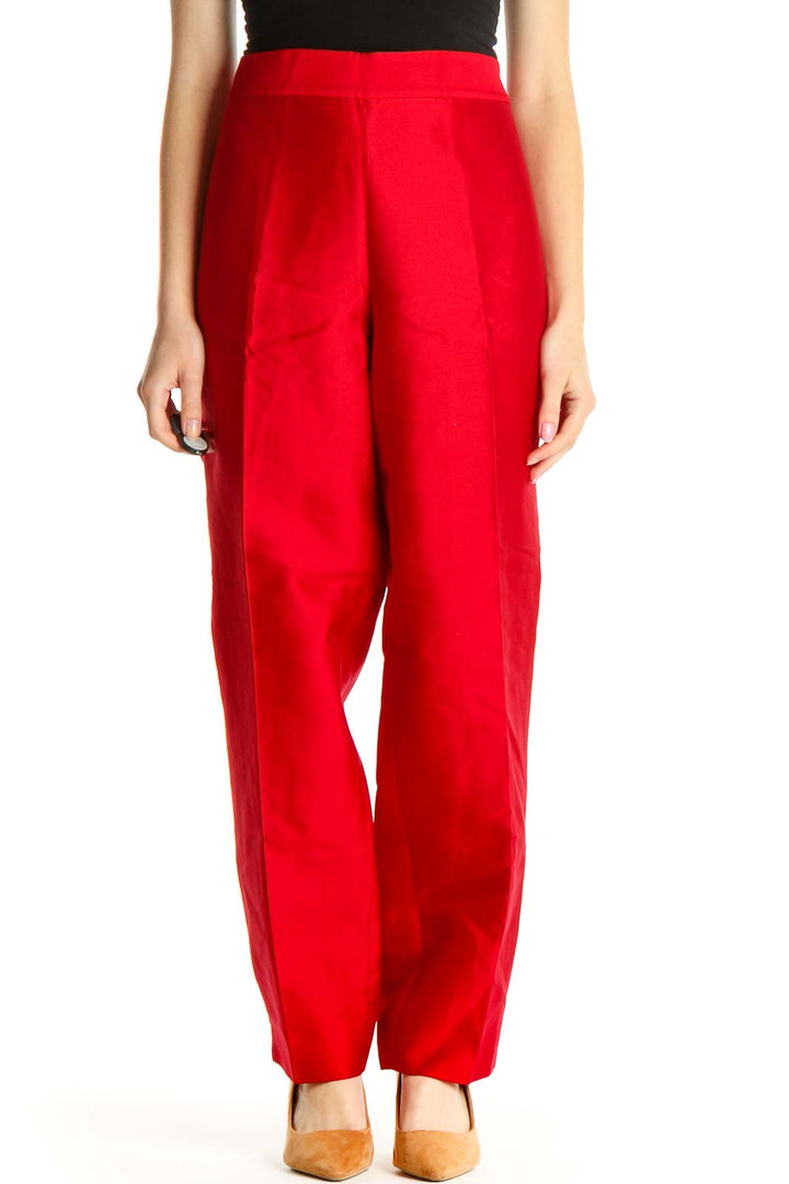 Red Solid Retro Silk Trousers